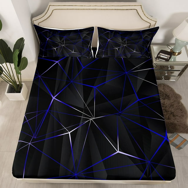 YST Geometric Bedding Set, Geometry Irregular Diamond Fitted Sheet For Kids Teens Adult Women Bedroom, Lightweight Microfiber Bed Sheets Abstract Triangle Sheets(Black Purple Blue, Queen)
