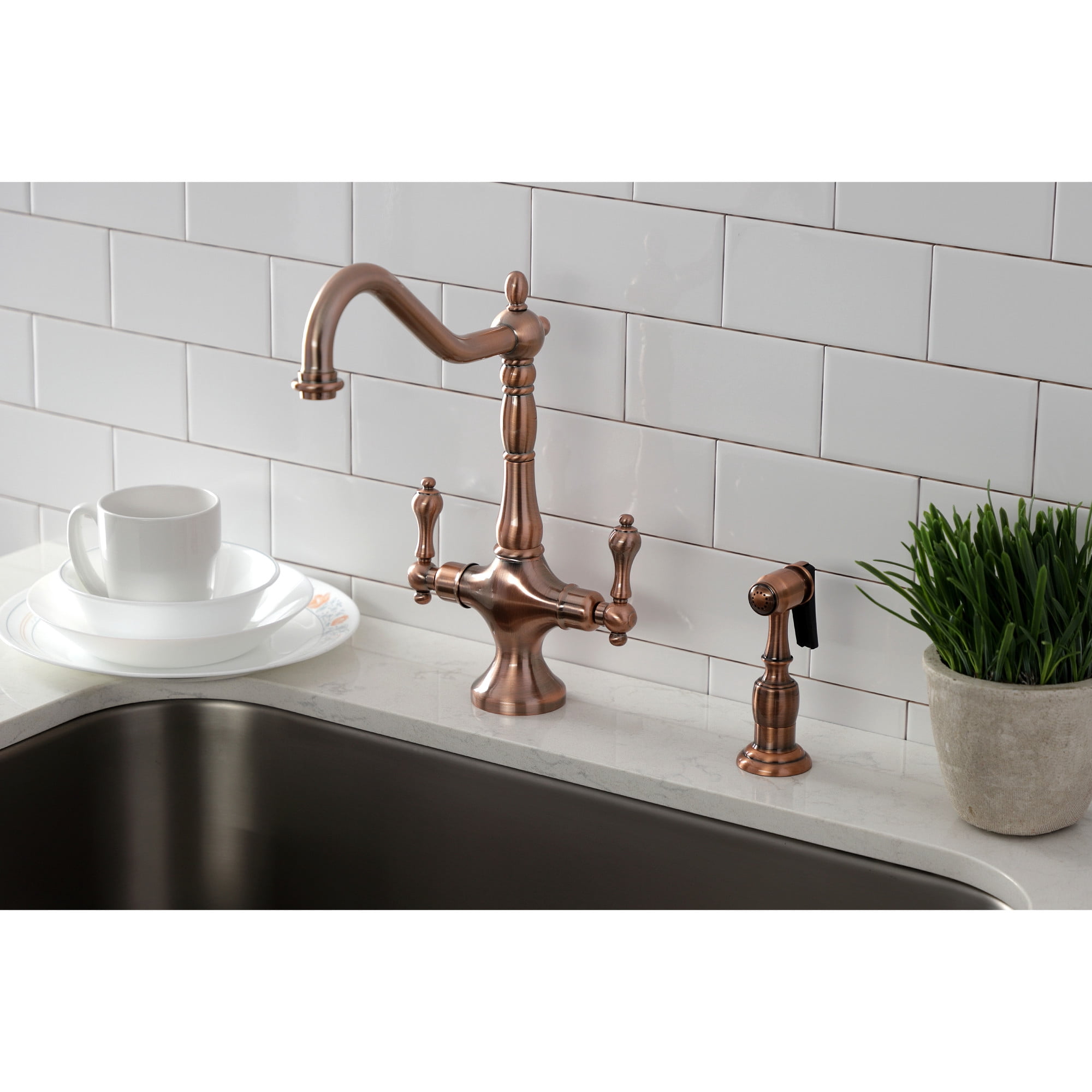 Kingston Brass KS177ALBSAC Heritage Two-Handle 2-Hole Kitchen Faucet with Brass Sprayer in Antique Copper