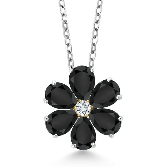 Gem Stone King 2.35 Cttw Black Onyx and White Diamond Pendant Necklace for Women | 925 Silver and 10K Yellow Gold | Gemstone Birthstone | 18 inch Chain | Fine Jewelry Gifts for Her Mom Women Wife