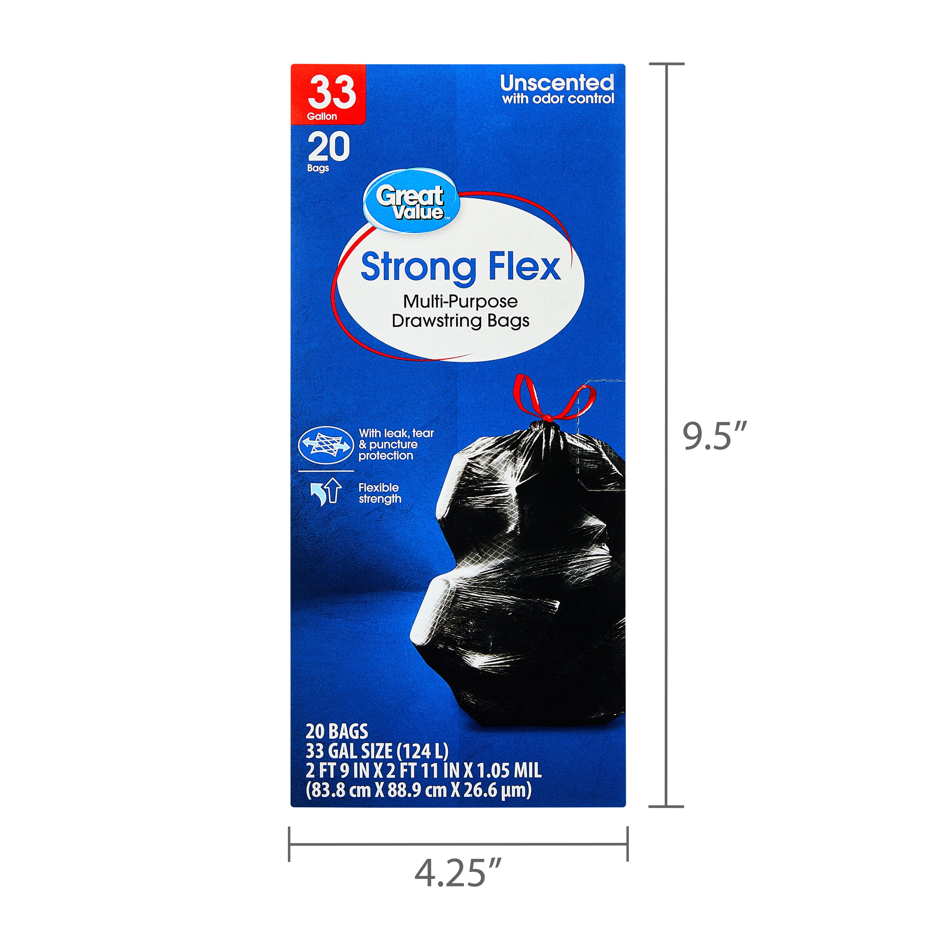 Great Value 33 Gallon Strong Flex Multi-Purpose Drawstring Bags, 20 Bags