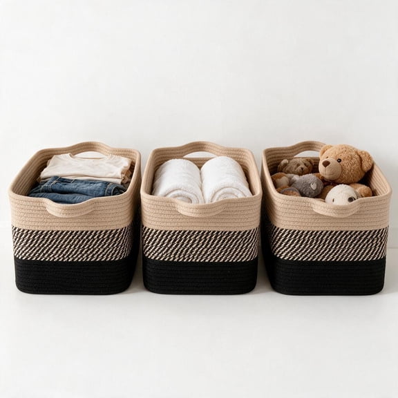 3 pack Woven Cotton Rope Storage Basket with Handles, 13×9.85×8.7 Inch Multifunctional Organizer Bin, Soft Breathable Storage Basket