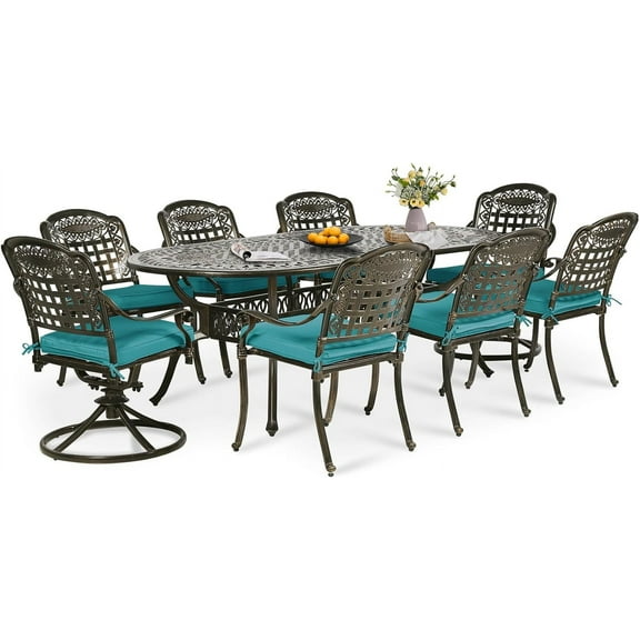 9-Piece Patio Dining Set, Outdoor Patio Table and Chair Set of 84” Oval Cast Aluminum Dining Table with Umbrella Hole, 6 Stationary, 2 Swivel Rocker Chairs, Patio Funiture Set, Blue