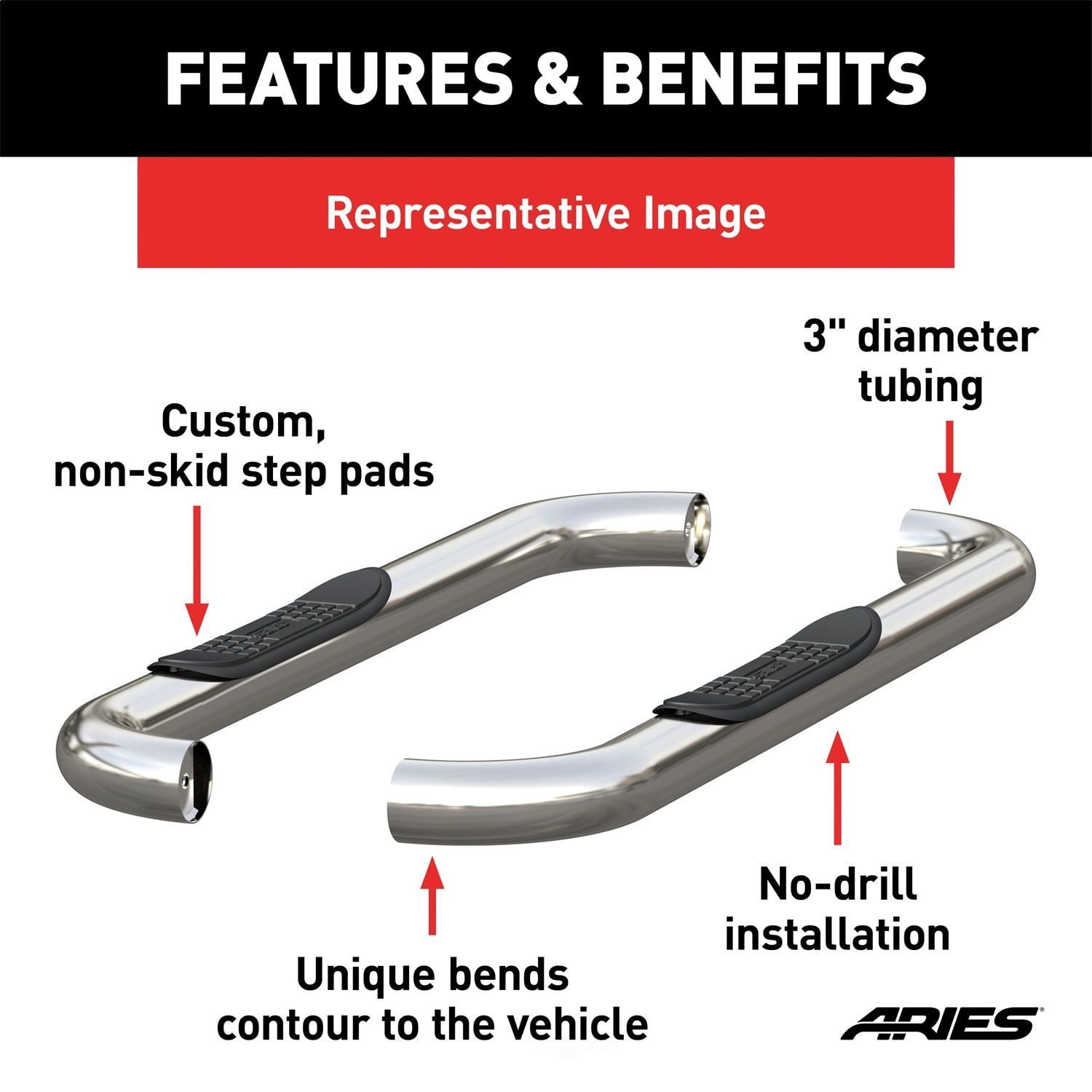 ARIES 203045-2 3in. Round Polished Stainless Side Bars; Select Ford F-150; F-250; F-350, No-Drill