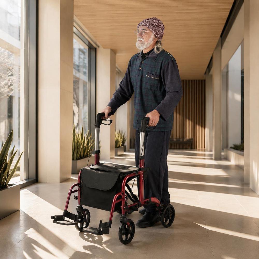 Rollator Walker, 2-In-1 Adjustable Folding Model with Seat, Storage Bag, 8" Wheels, Red