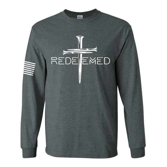 Redeemed Cross Nails Mens Christian American Flag Sleeve T-shirt Long Sleeve Graphic Tee-Heather Grey-xxl