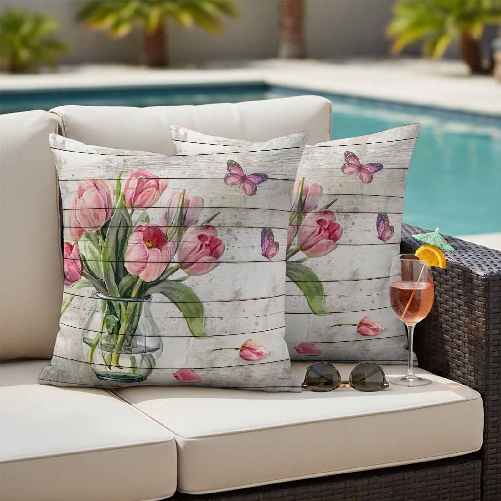 Pink Tulip Outdoor Waterproof Pillow Covers, Vintage Spring Floral Retro Art Butterfly Wooden Decorative Square Throw Pillowcase Sofa Cushion Sham for Patio/Couch/Chair, 24"x24" 2 Pack