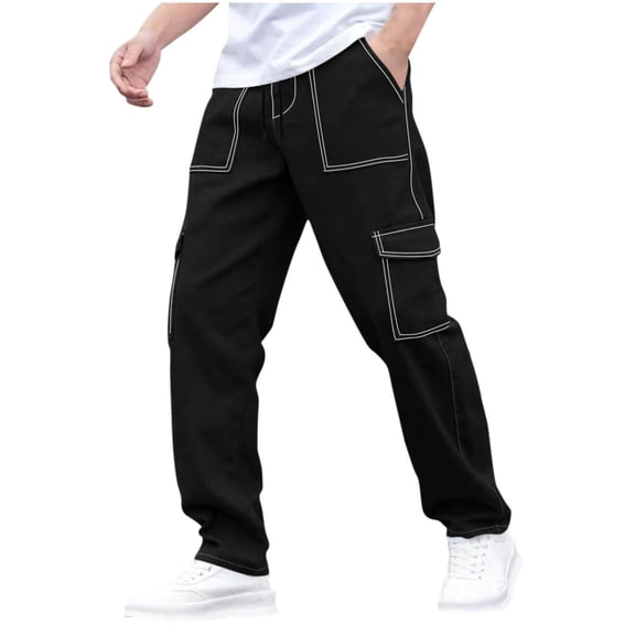Hurxie Men's Cargo Pants Stretch Sweatpants Elastic Drawstring Casual Workout Joggers Hiking Pants with Pockets Black,3XL