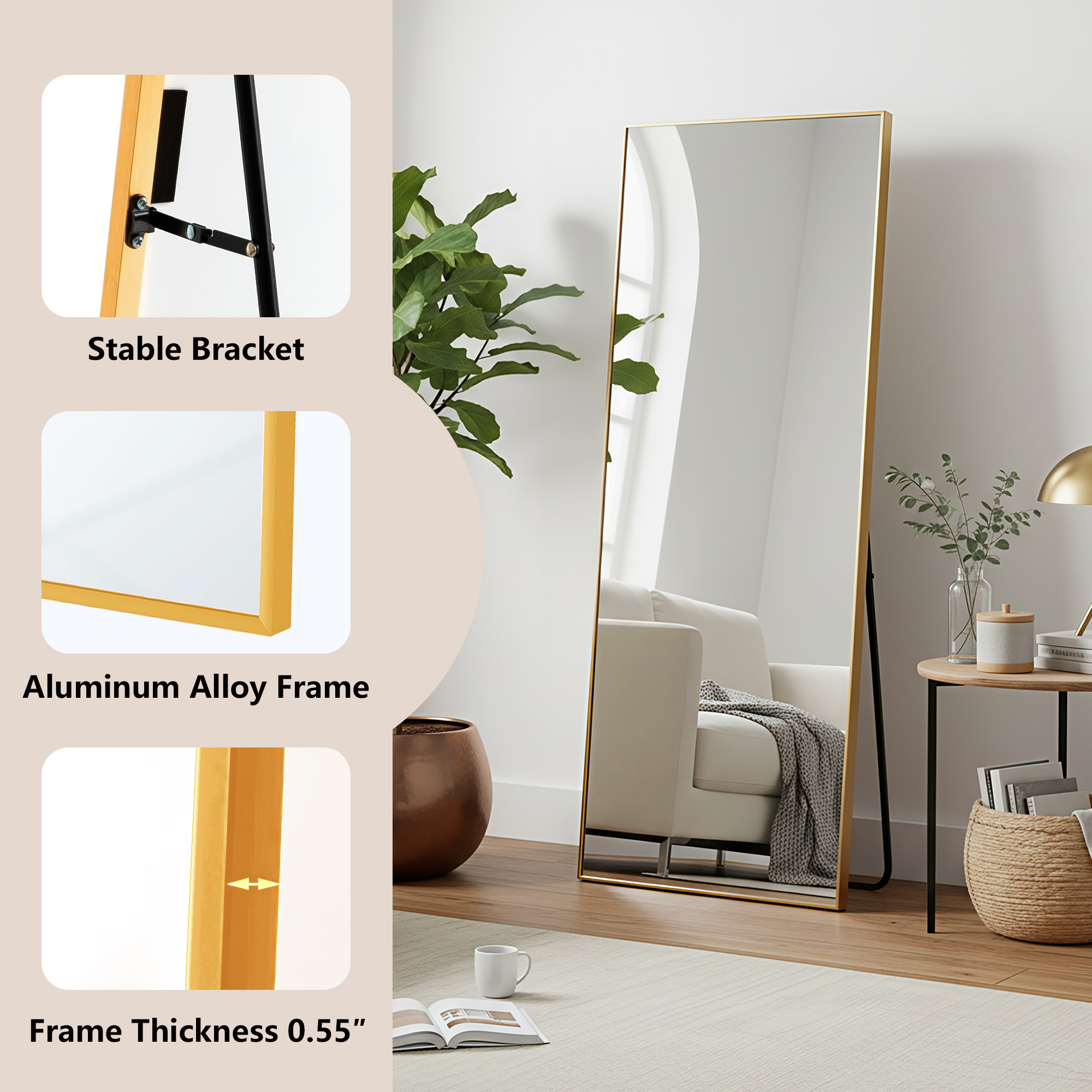 MAYEERTY Gold Right Angle Full Length Mirror, Wall Mount or Freestanding for Bedroom/Living Room, 64" × 21"