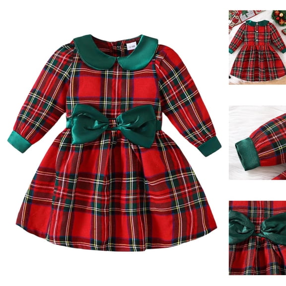HJYCHN Christmas Dress Long Sleeve Plaid Collar Dress with Bow for Girls Dress 12-18 Months