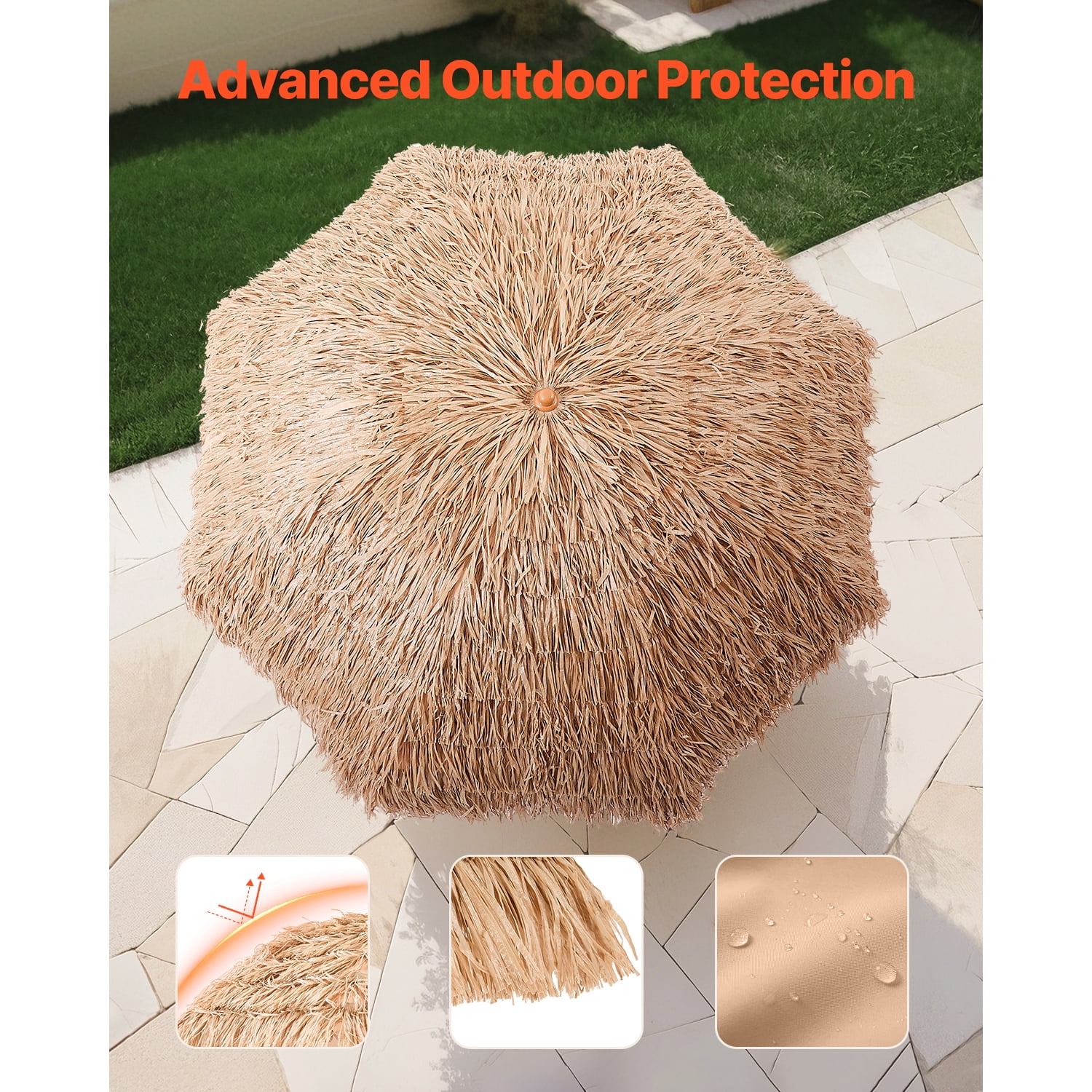 KFFKFF 8 ft Thatched Patio Umbrella with Tilt, Hawaiian Style Beach Parasol Featuring Durable PP Thatch and 8 Metal Ribs, Ideal for Beach, Patio, Poolside, Backyard, and Garden
