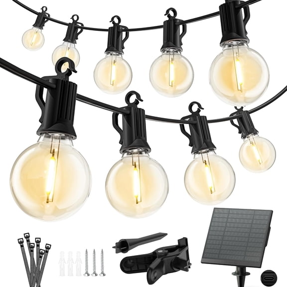 Solar Outdoor Lights - LED Waterproof Solar String Lights with USB Port and Cable Ties, Shatterproof G40 LED Bulbs, Hanging Patio Light for Backyard Porch Bistro Decor
