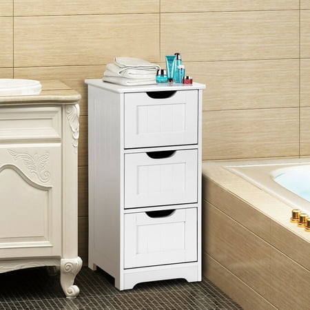 Gymax Bathroom Floor Cabinet Wooden Free Standing Storage Side Organizer W/3