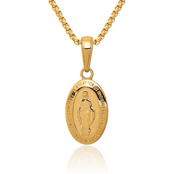 10K Solid Yellow Gold Our Lady of Miraculous Medal Blessed Virgin Mary Necklace Chain Pendant Charm