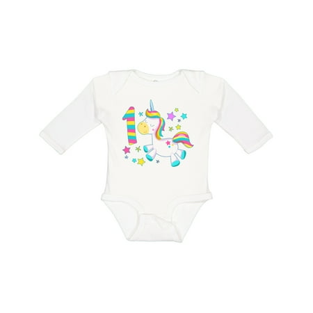 

Inktastic First Birthday Rainbow Unicorn Plush and Stars Gift Baby Boy or Baby Girl Long Sleeve Bodysuit