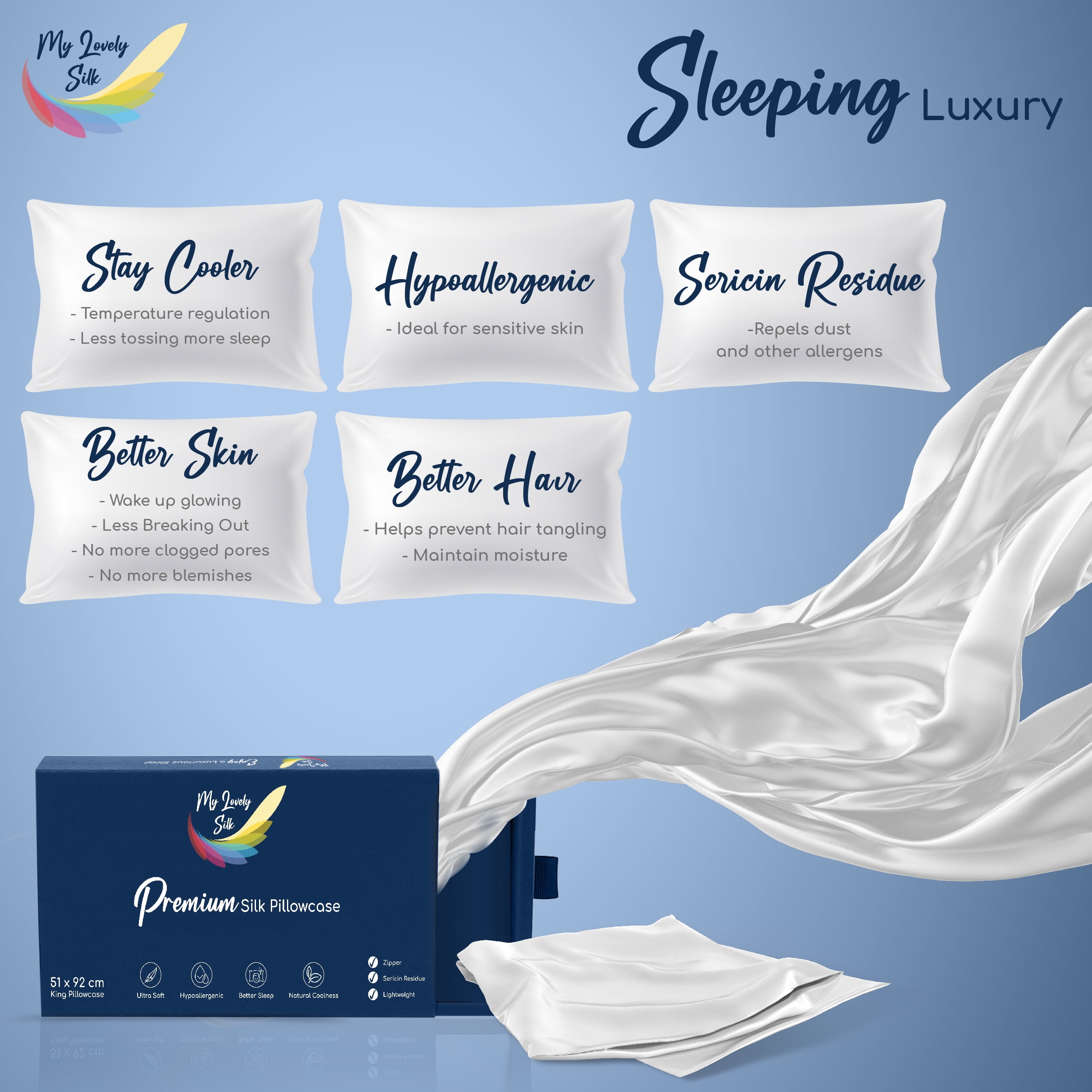 My Lovely Silk Pure 6A Silk Pillowcase - 51 x 92 cm, Natural Silk Pillow Case For Hair and Skin, Hypoallergenic and Breathable Silk Pillow Cases For Women, Double Sided 22 Momme Silk, Durable.