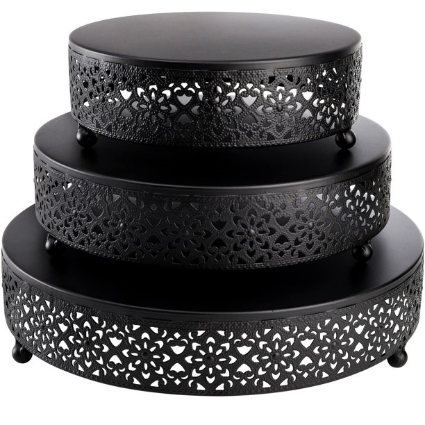 Juego de 3 soportes para tartas, redondos de metal para tartas, expositores de postres, platos de exhibición de postres, para bodas, fiestas de cumpleaños, celebraciones, postres, color negro