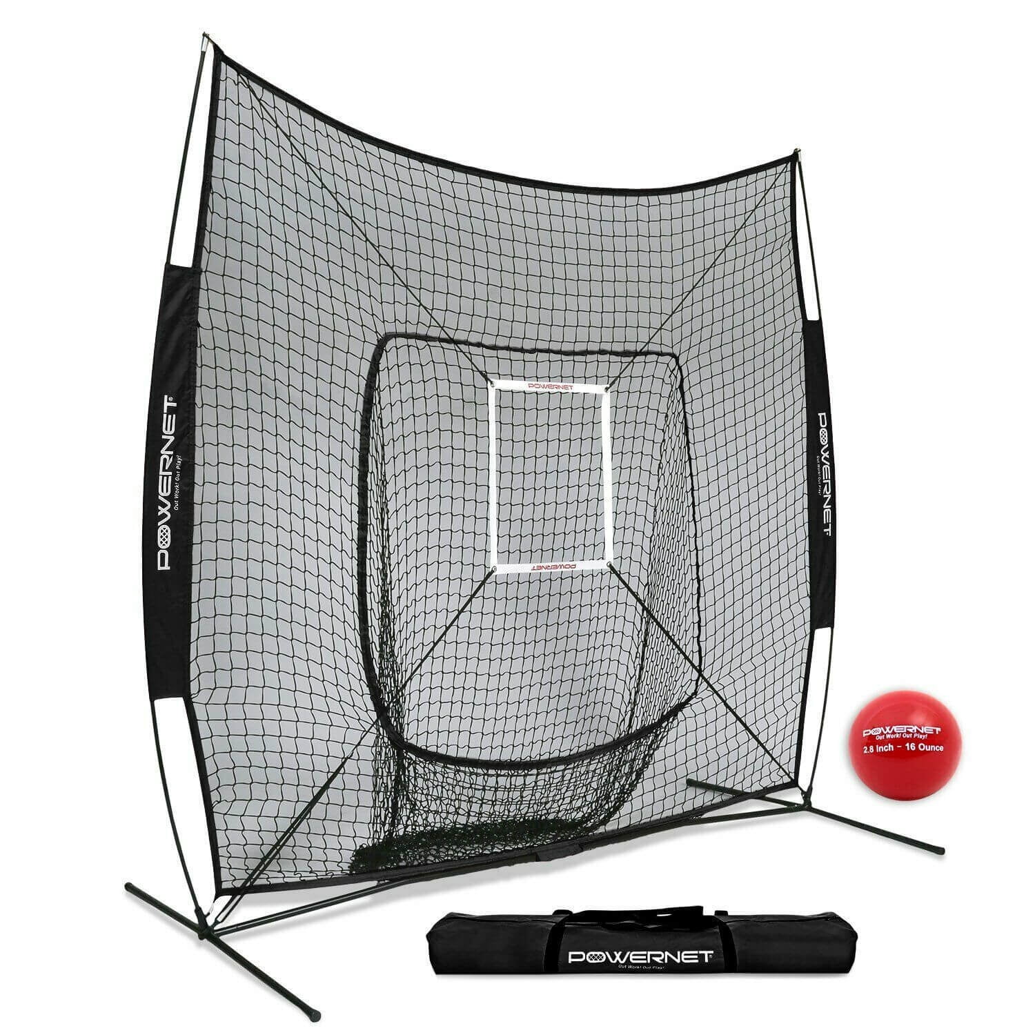 PowerNet Baseball Softball Practice Net 7x7 with Baseball Accessories for Practice Pitching & Batting, Ball Caddy, Weighted Baseballs, Tee (Pitching Kit, Black)