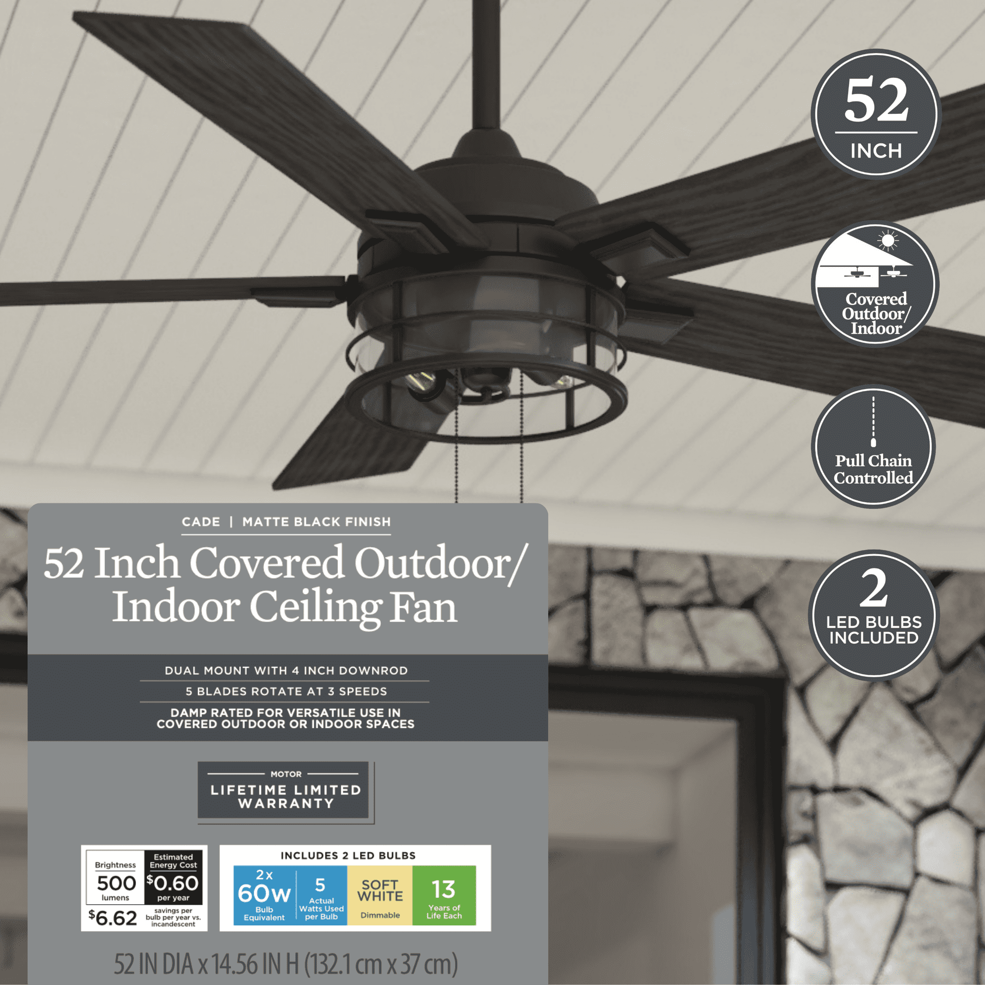 Better Homes & Gardens 52" Black Industrial Indoor/Outdoor Ceiling Fan with Light, Pull Chain Control & Reverse Airflow