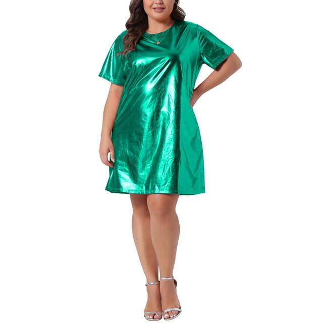 Agnes Orinda Robe Grande Taille pour Femmes Col Rond Métallique Manches Courtes Soirée Clubwear Robe T-Shirt Ample 1X Vert