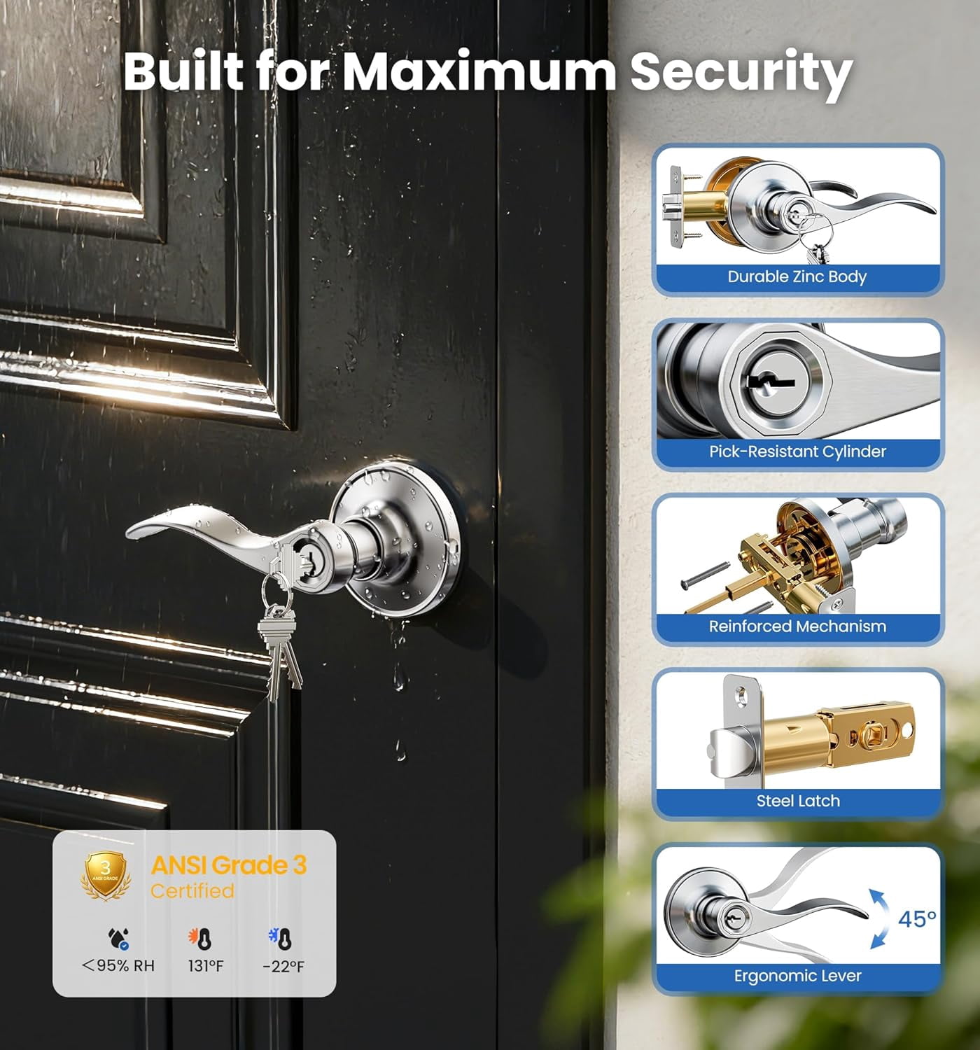 2 Pack Keyed Entry Door Lever, Same Key Wave Handle Lock for Exterior & Interior Door, Door Knobs with Lock and Key, Rust-Proof Bedroom Door Lock, Zinc Alloy Right Left Handed, Satin Nickel