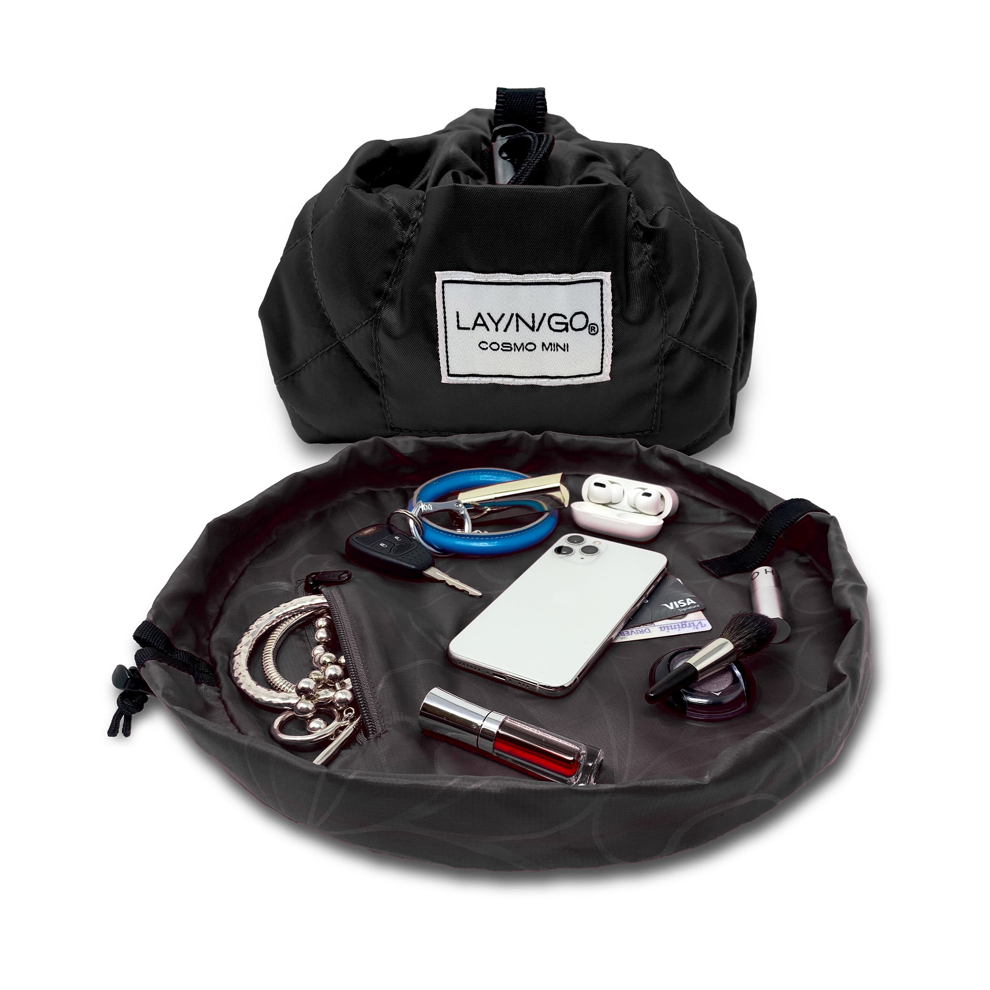 Lay-n-Go COSMO Mini (16') Black Drawstring Cosmetic Makeup Bag, Toiletry Organizer, Travel Holiday Christmas Gift Idea
