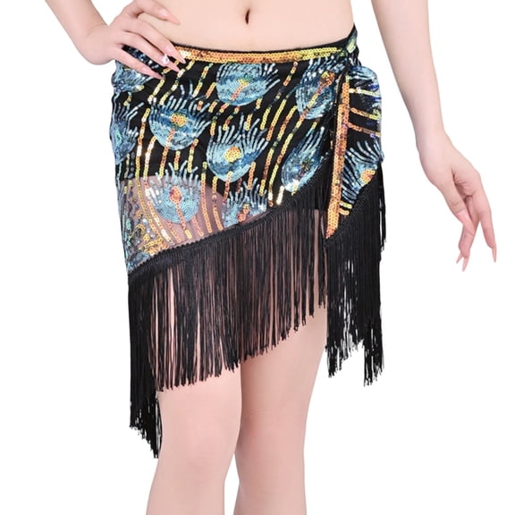 Felirenzacia Women's Peacock Feather Pattern Sequins Sweet Bellydance Noisy Hip Scarf Skirts Wrap, Blue,Free Size