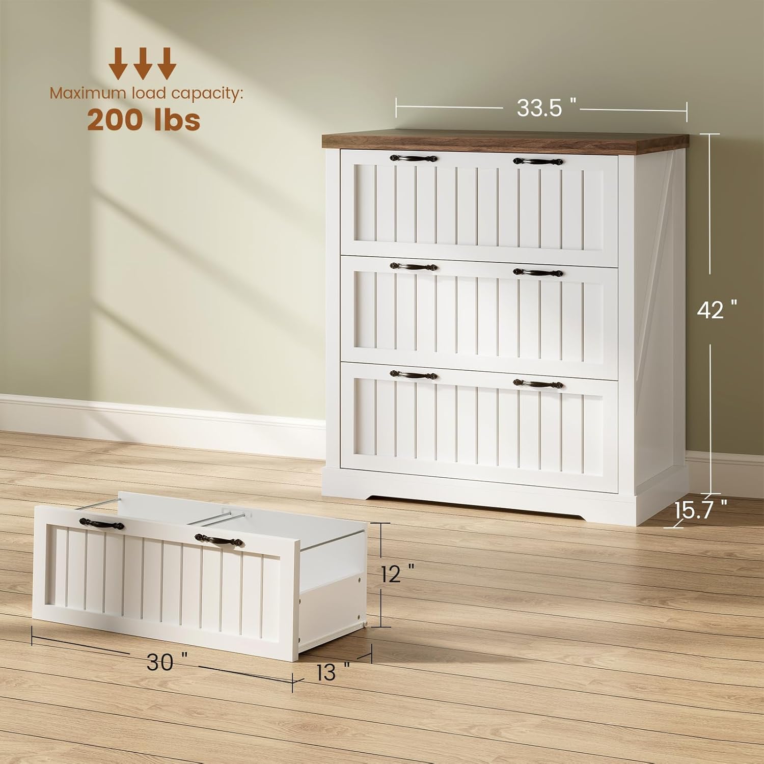 3 Drawer File Cabinet, Farmhouse Filing Cabinet Fits Letter/Legal/A4 Size, Wood File Cabinet with Printer Stand for Home Office, Retro Style for Living Room, White & Brown Top