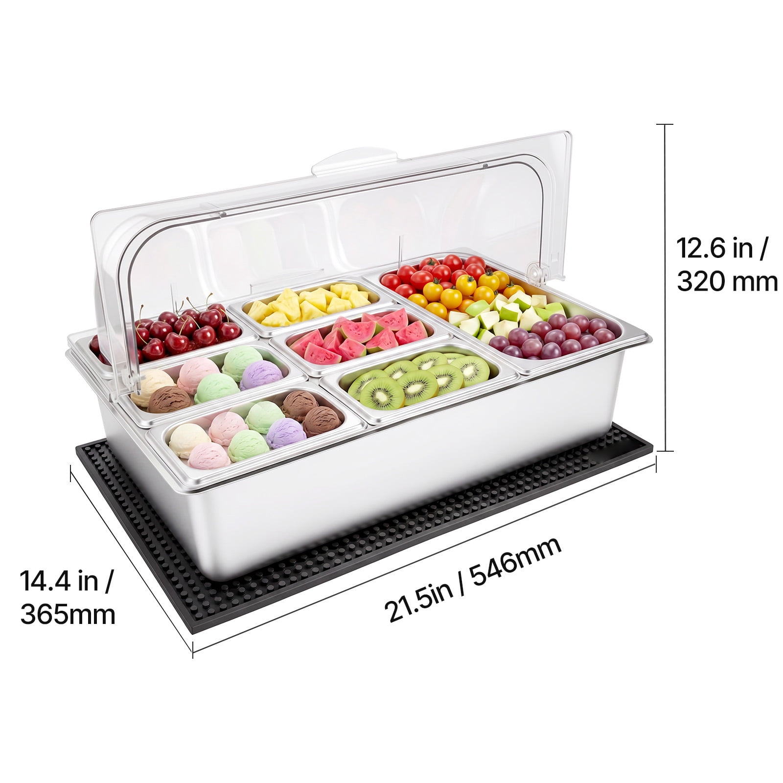 KFFKFF Countertop Food Serving Display Container, Stainless Steel Salad Server Tray, Buffet Condiment Holder, Ice-Cooled Rack with Clear Roll-Top Lid, Suitable for Restaurants (1x1/3+6x1/9 Pan)