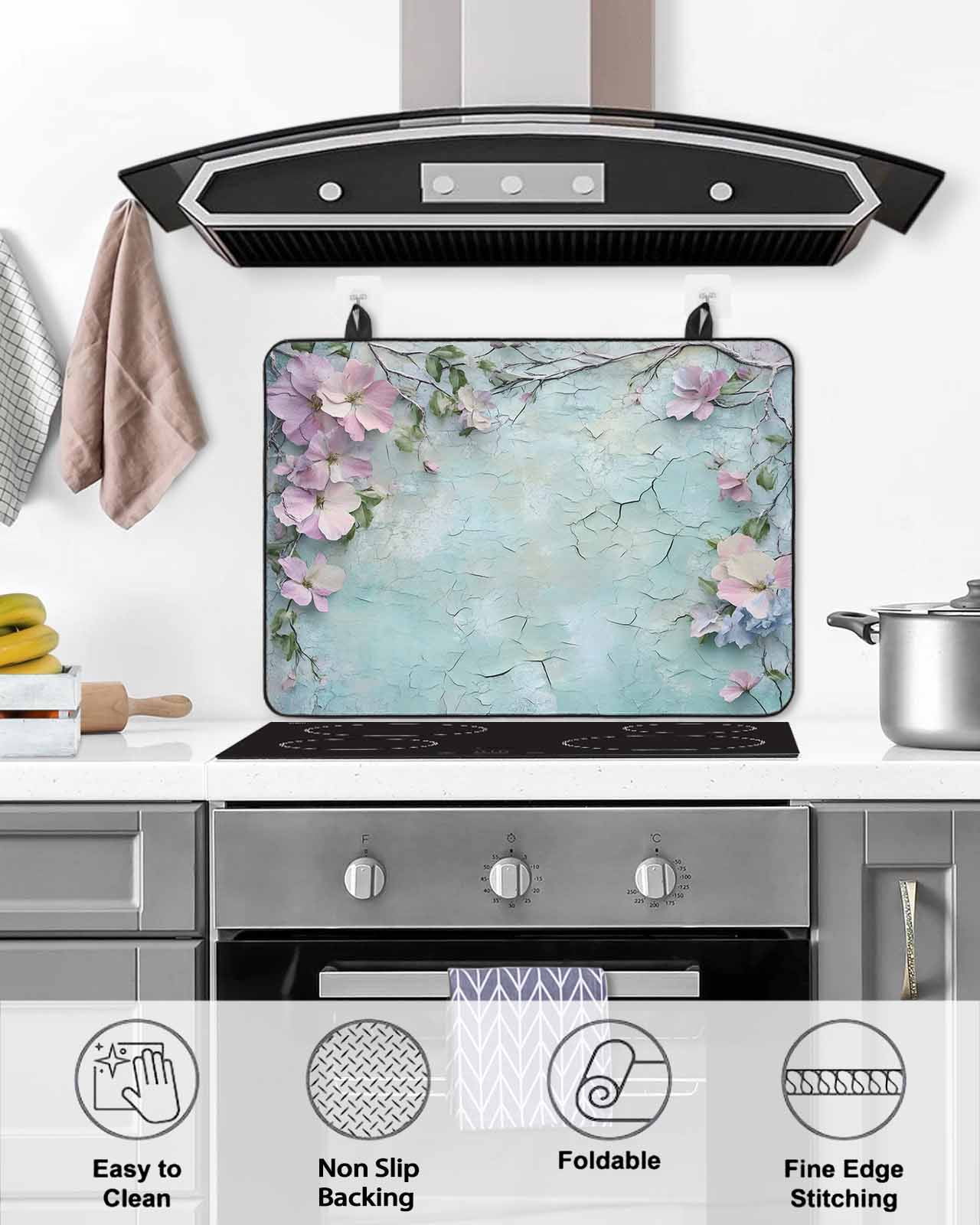 nqOlkjepod Large Induction Cooktop Protector Mat 24"x21", Spring Pink Flower Stove Top Covers for Electric Stove, Branch Leaves Mottled Walls Garden Stove Burner Cover Mats, Glass Top Stove Cover