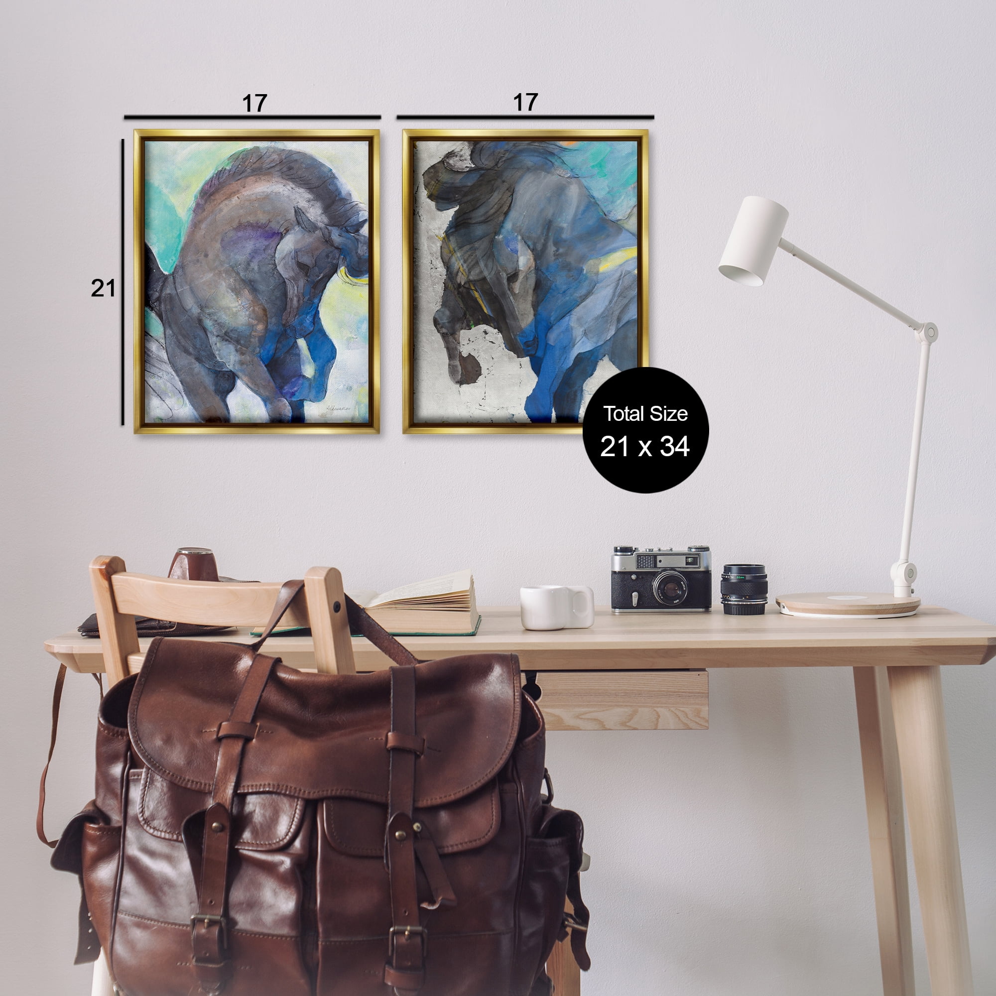 Stupell Industries Bucking Horse Joyful Play Animals Painting Gold Floater Framed Canvas Art Print Wall Art, 17 x 21, Set of 2