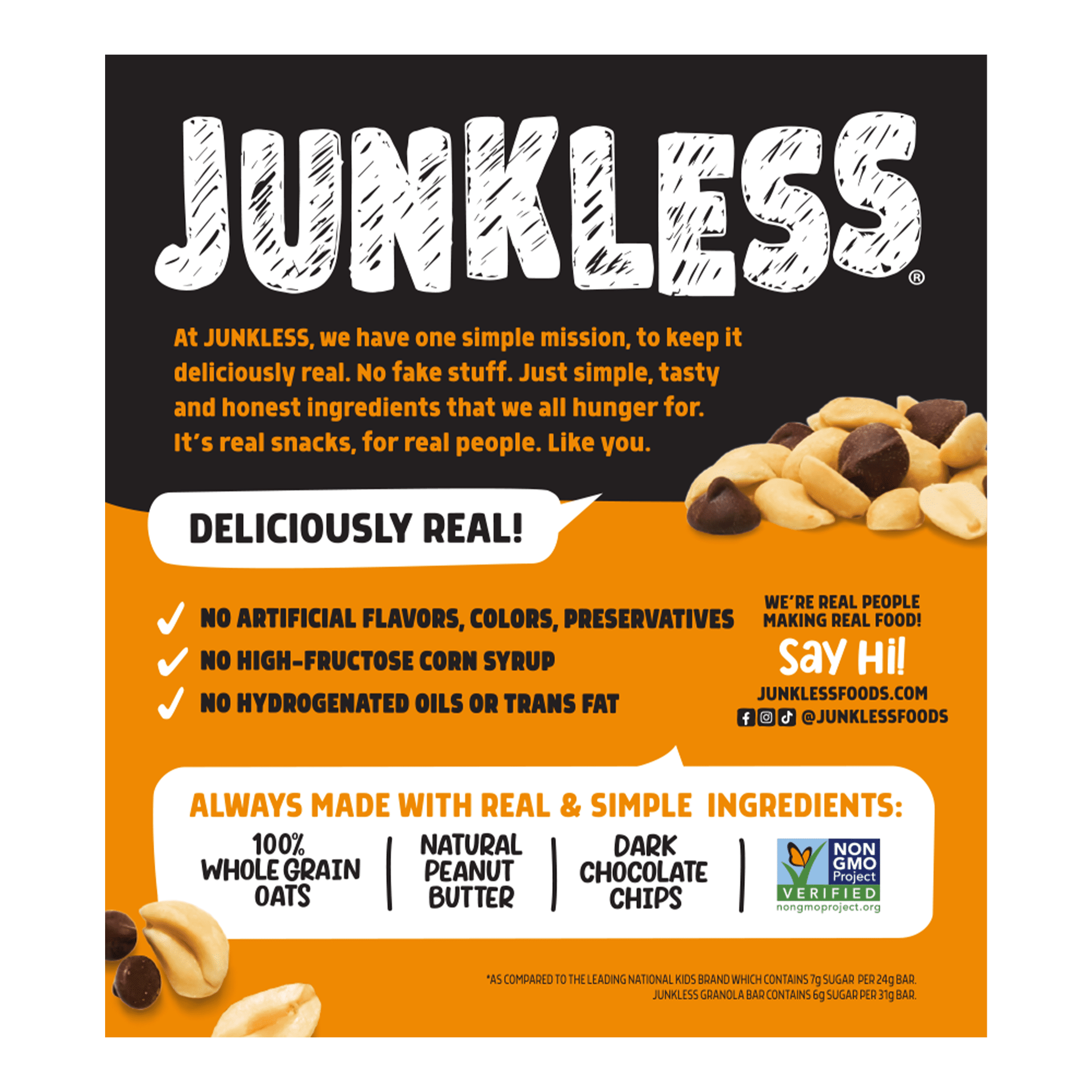 (4 pack) Junkless Chewy Peanut Butter Chocolate Chip Granola Snack Bars, 1.1 oz, 8 Count