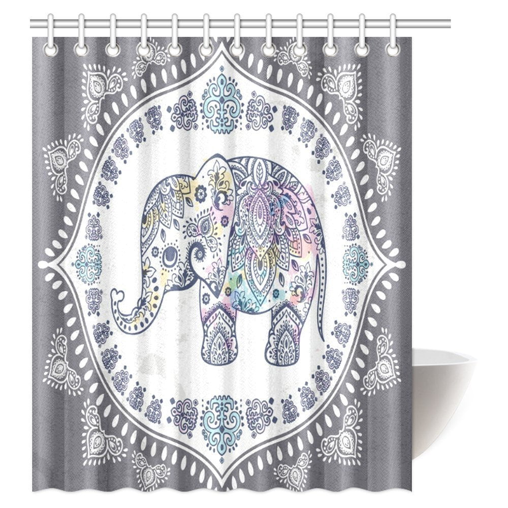 MYPOP Bohemian Elephant Shower Curtain, Indian Lotus Cute Ethnic Elephant Polyester Fabric Bathroom Set with Hooks, 60 X 72 Inches