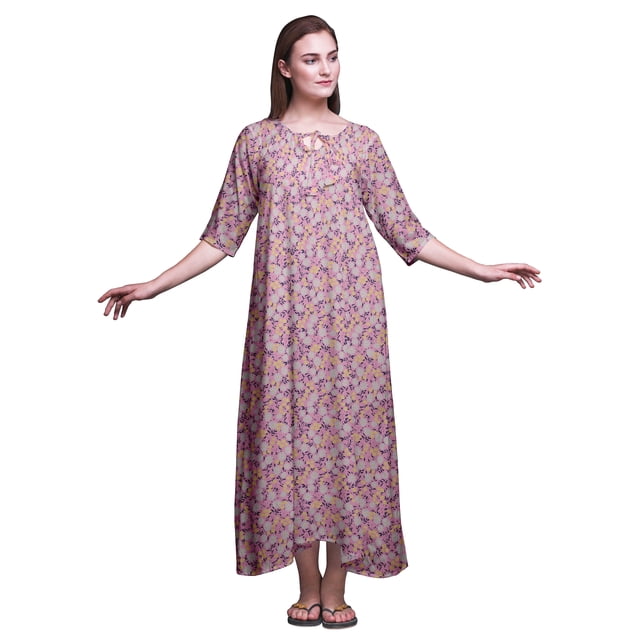 Bimba Robe de Nuit Maxi Rose Pâle à Feuilles Florales et Jasmin de Nuit pour Femmes, Été, Imprimée, XXX-Large