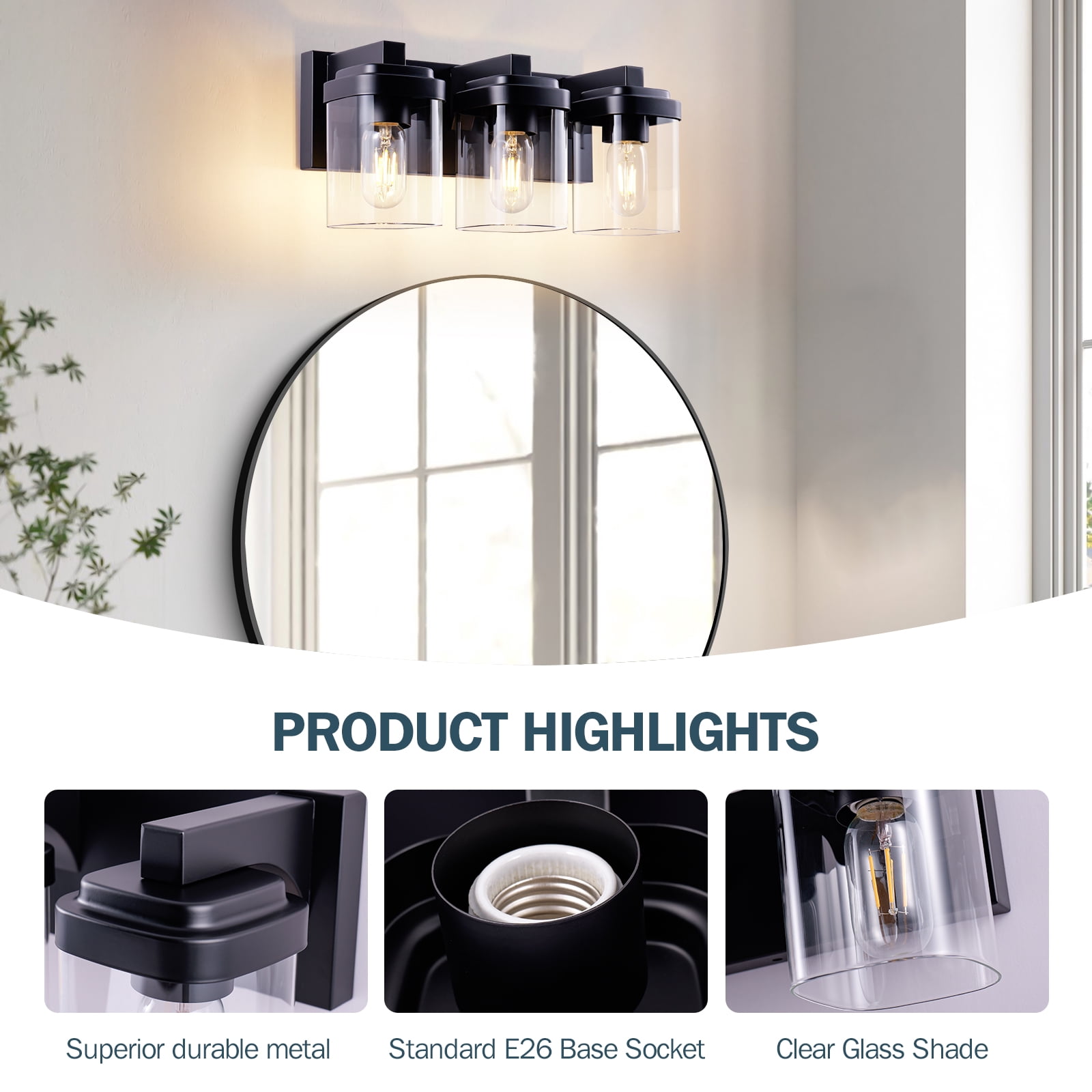 3-Light Black Bathroom Vanity Light, Modern Vanity Lighting Fixture for Bathroom, 15.75" Matte Light Fixture, Wall Sconces with Clear Glass Shade, Black Bathroom Wall Light Over Mirror