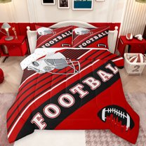Feelyou Est Sleep Rugby Queen Comforter Set for Kids, Red Black Stripe Lines Bedding Sets, Football Sports Helmet Reversible Bedding Comforter Set, Microfiber Bedroom Decor, 3pcs
