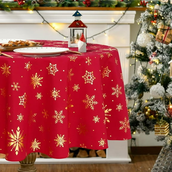 Christmas Tablecloth Round 60 Inch, Gold Foil Print Snowflake Christmas Table Cloth Washable, Waterproof Wrinkle Resistant Red Table Cover for Party Dinner Christmas Decorations, Gifts