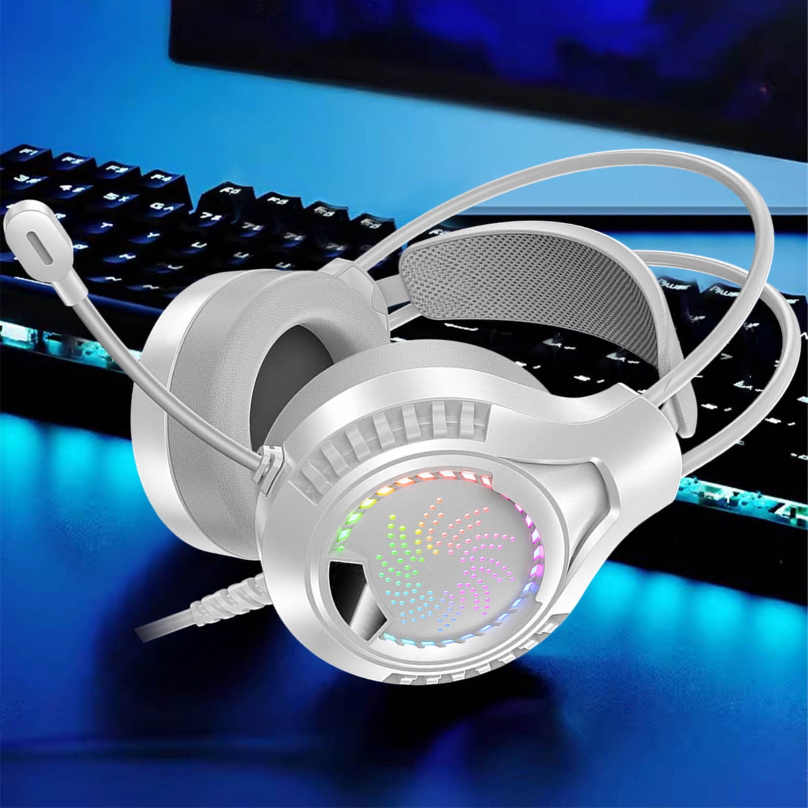 Gaming Headphones Wired Earphones, Illuminated 3.5mm USB Computer Headset with Noise Reduction Microphone, Adjustable Comfortable Headband for Gaming Work Study