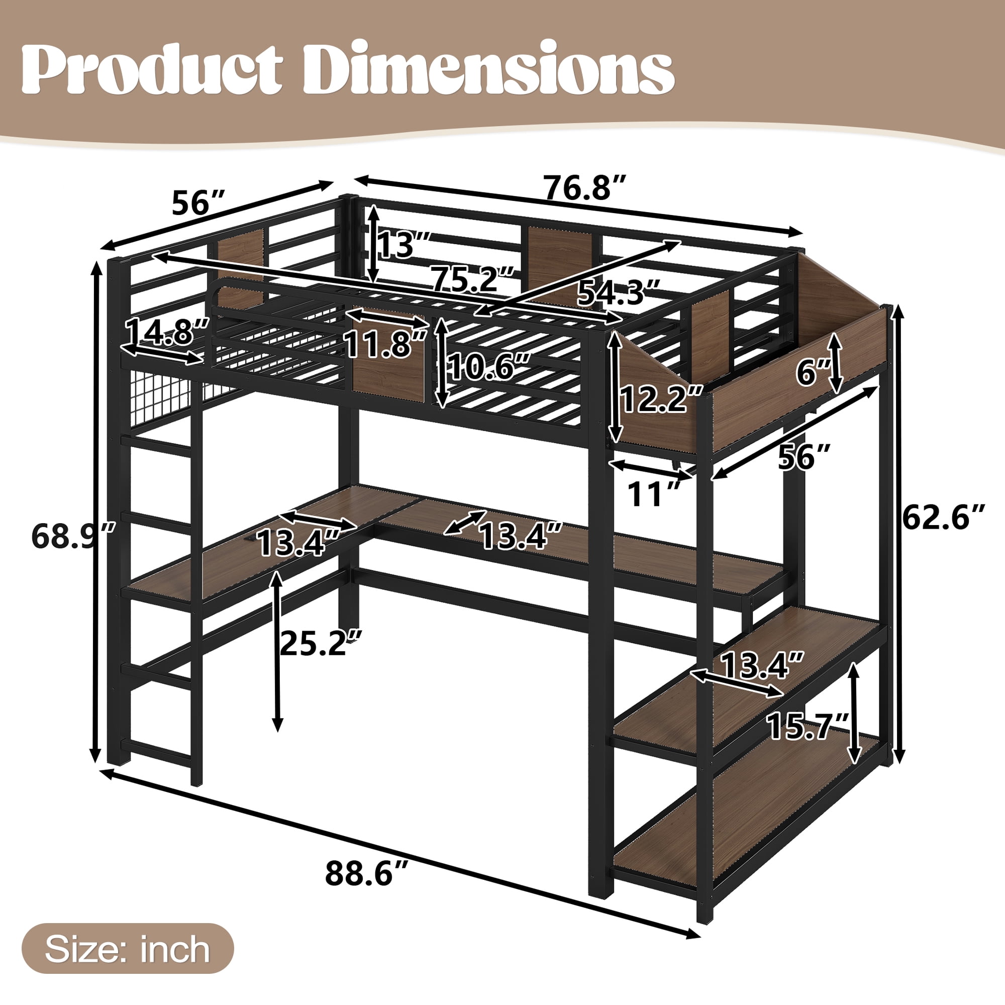 Mintazer Full Metal Loft Bed with L-Shaped Desk & LED Light Strip, Loft Bed Frame with Charging Station and Clothes Hanging Rod & Storage Shelves for Teen Adult Small Apartment Dorm, Black & Walnut