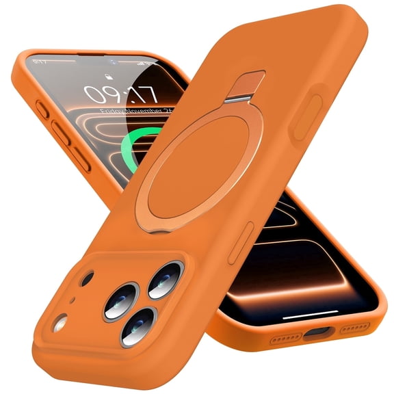 JETeacka Designed for iPhone 17 Pro Max Case with Magnetic Invisible Stand, [Compatible with Mag-Safe]Liquid Silicone Shockproof Cover with Anti-Scratch Microfiber Lining, Orange