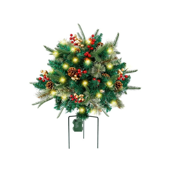Pre-lit Artificial Christmas Tree Urn Filler, Christmas Pot Fillers Outdoor Front Porch with Tripod Stake Lighted Artificial Flocked Xmas Tree with Pinecones and Berries for Porch Decorations
