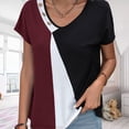 thumbnail image 2 of Camiseta de color en contraste para mujer, camiseta estampada con cuello en V, camisetas de manga corta informales de verano, rojo vino L, 2 of 6