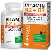 Vitamin K2 (MK7) with D3 Extra Strength Bone and Heart Health Non GMO & Gluten Free Formula - Easy to Swallow, 60 Capsules