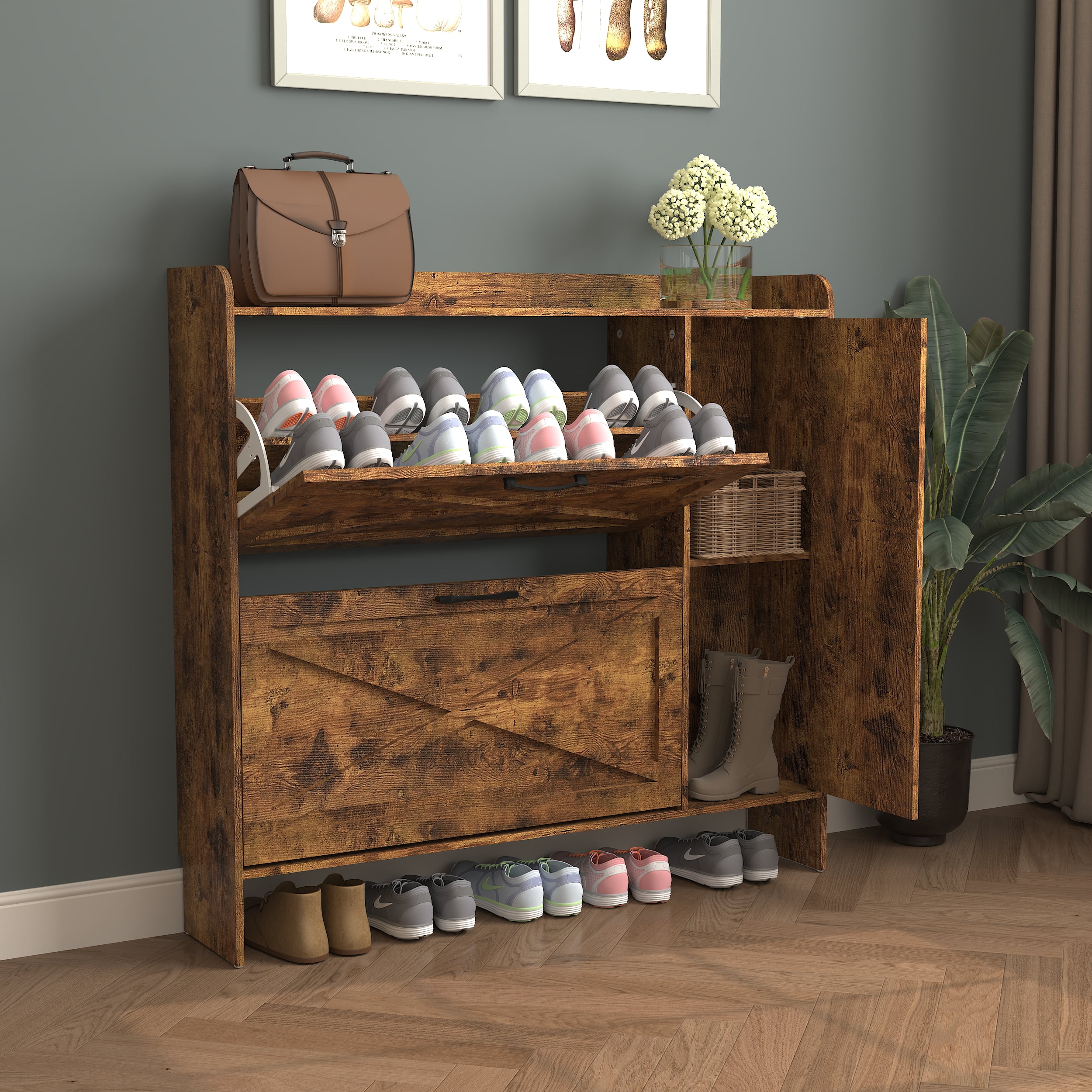 Mintazer Farmhouse Shoe Cabinet with Mirror & 2 Flip Drawers, 2-Tier Freestanding Shoe Organizer with Storage & Adjustable Dividers for Entryway, Brown