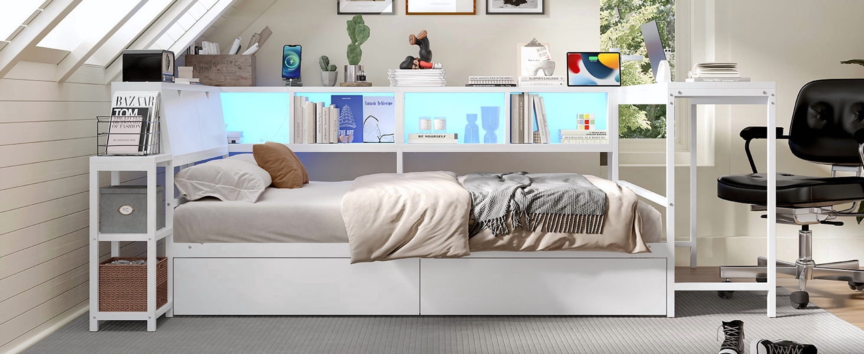 Mintazer Queen Corner Daybed with Desk & Bookcase, Platform Bed Frame with LED Lights & Charging Station and 2 Drawers for Bedroom Living Room, White