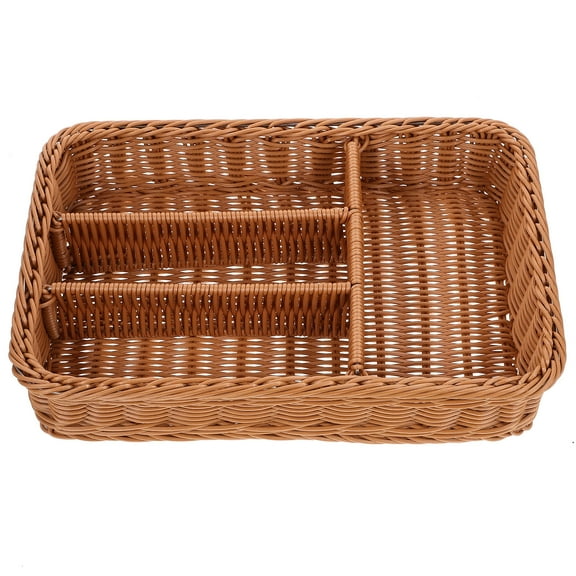 LEDMOMO PP Rattan Cutlery Storage Basket with 4 Compartments Chocolate Color