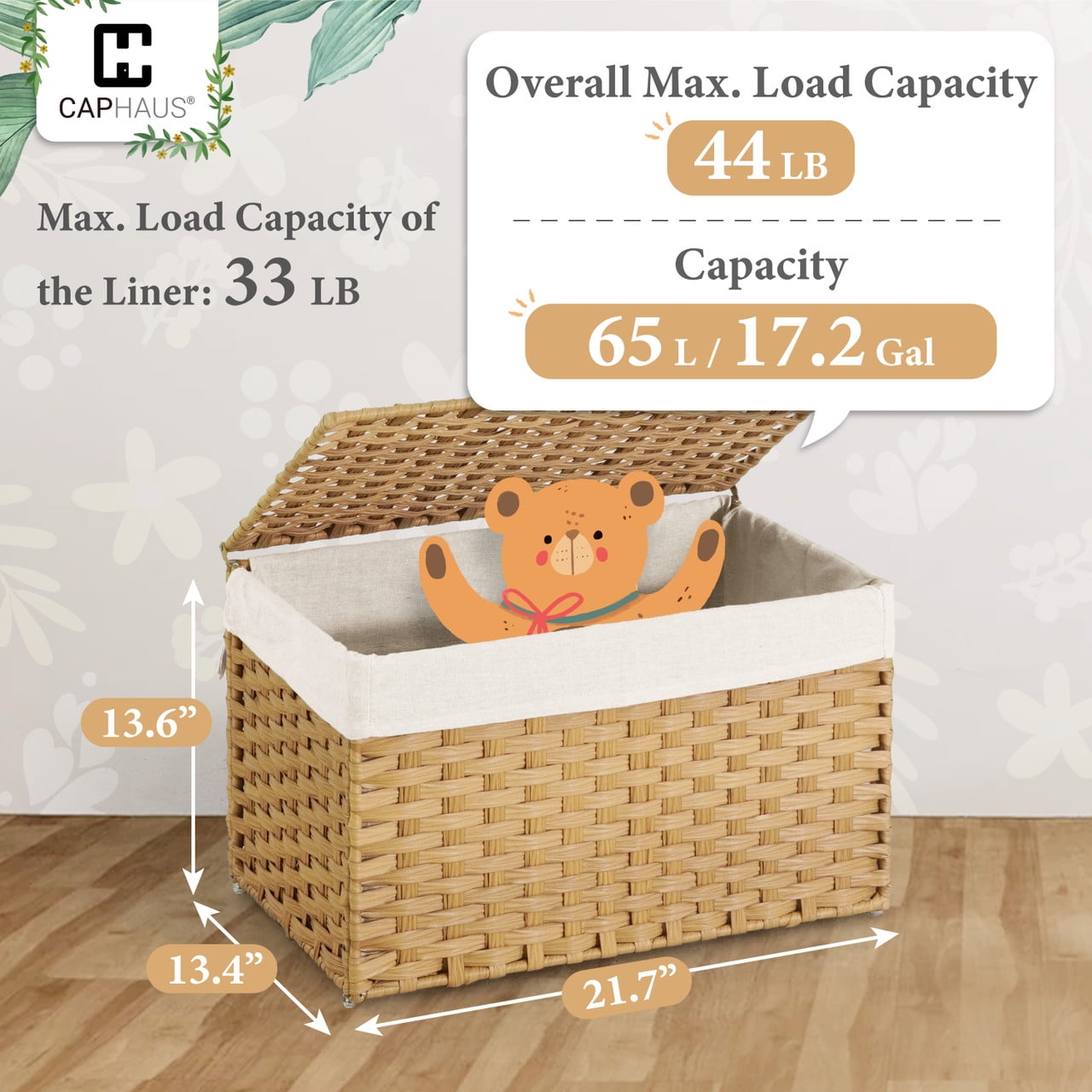 CAPHAUS Handwoven Storage Basket w/ Lid and Handles, 2 Removable Liner Bags, Foldable Clothes Hamper for Laundry, Large Synthetic Rattan Laundry Hamper w/ Lid, Laundry Basket w/ Lid, 65L, Natural
