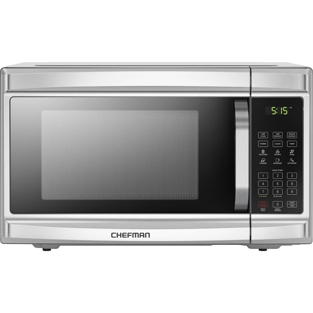 Chefman - Horno de microondas para encimera, 1.3 Cu. Digital, acero inoxidable, 1000 vatios, con 6 menús automáticos, 10 niveles de potencia, modo ecológico, memoria, función de silencio, bloqueo de