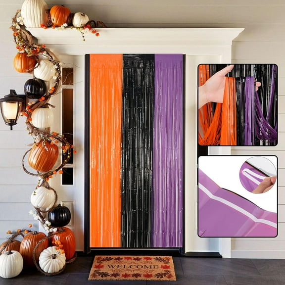SDJMa Halloween Party Streamers Decoration, 3.2FT x 6.5FT Black Orange Purple Tinsel Fringe Curtain for Halloween Birthdays Party Backdorp Decor