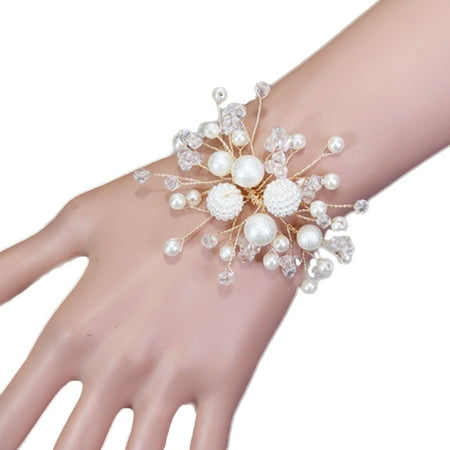 

Tinksky Simple Bridal Bridesmaid Wrist Flower Band Decorative Pearl Beads Wristband Hand Flower for Wedding Party