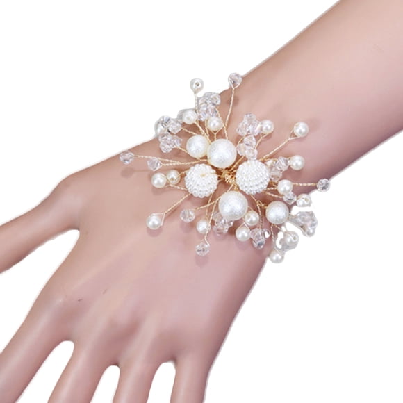 Simple Bridal Bridesmaid Wrist Flower Band Decorative Pearl Beads Wristband Hand Flower for Wedding Party